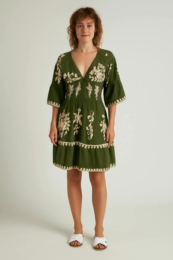 Hoxton Gal Relaxed Fit 3/4 Sleeves V Neck Printed Knee Lenght Dress in Khaki