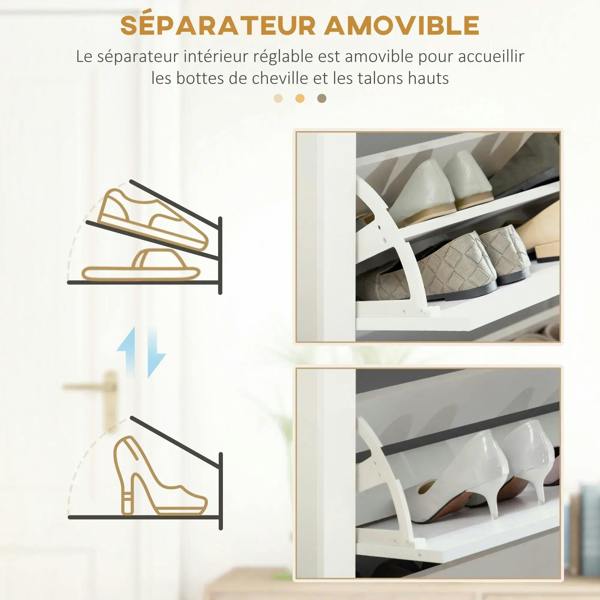 Movable divider inside white shoe cabinet for boots and high heels