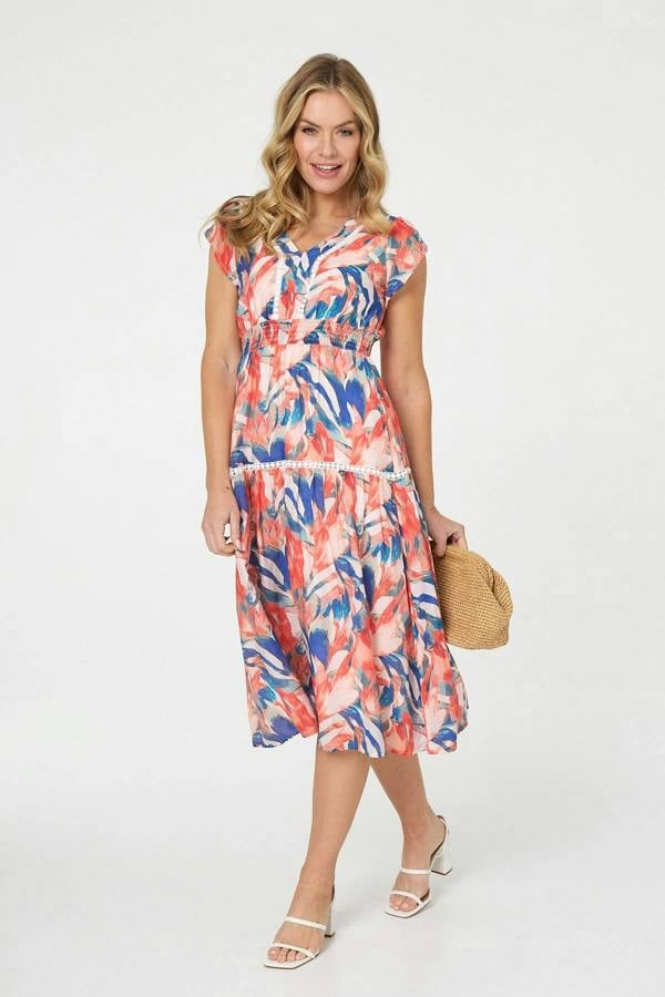 Blue | Abstract Lace Trim Cap Sleeve Midi Dress