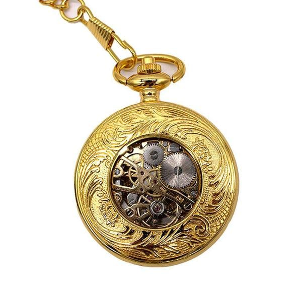 Infinity Leather Antique Brass Alloy Skeleton Half Hunter Pocket Watch