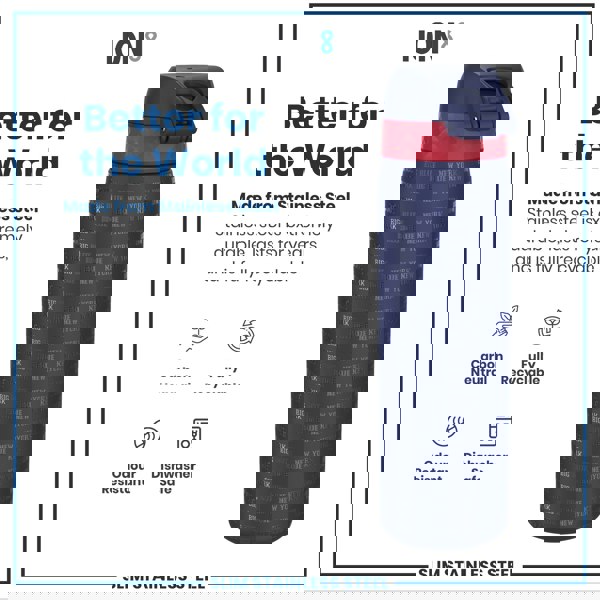 A stainless steel water bottle stands upright. It's dark blue with red accents and embossed text reading "NEW YORK BIG BLUE" repeatedly. The bottle is shown against a white background with text advertising its features.