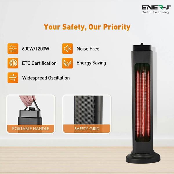 ENER-J 1200W Portable Infrared Heater, Carbon Tube Electric Space Heater, 600W/1200W, Oscillating, IP34 Rated, Energy Efficient