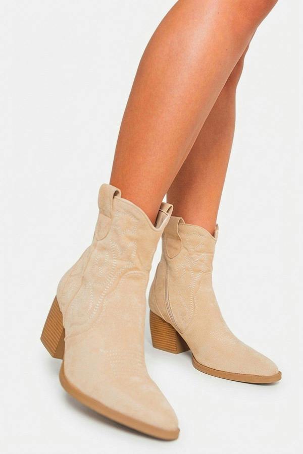 Laura Suede Cowboy Ankle Length Boots - Beige_wb