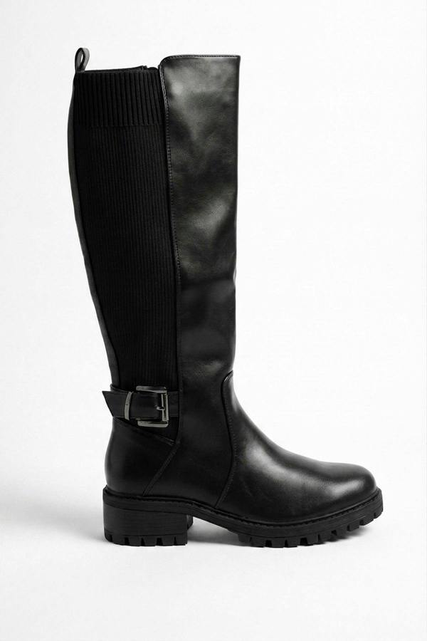 Cordelia Ribbed Panel Knee High Boots - Black