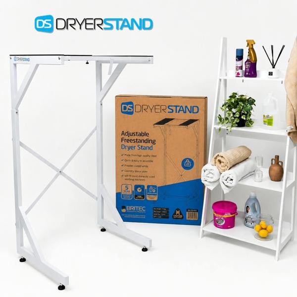 DryerStand Adjustable freestanding dryer stand shown beside its packaging in a styled laundry space