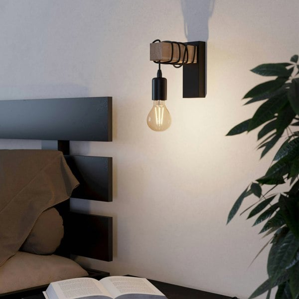 EGLO Townshend Black Metal And Natural Wood Wall Light - Vintage Industrial Style (D) 21.5cm