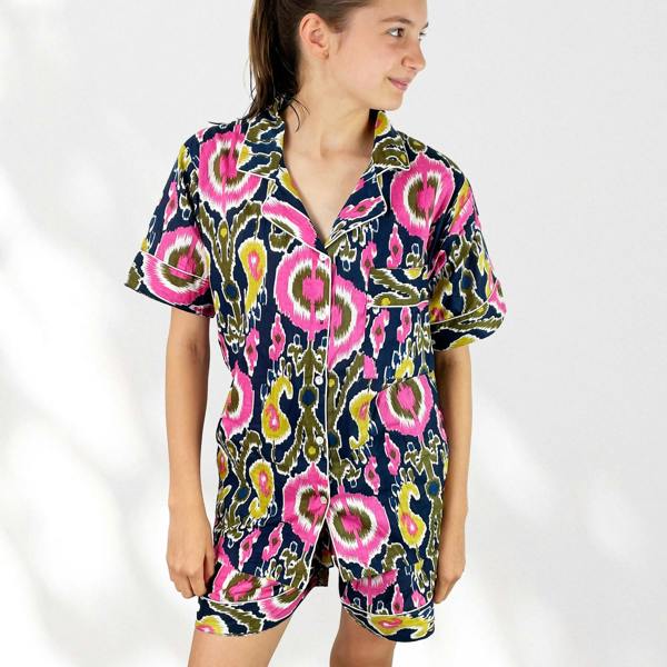 Hayley & Co Ikat Print Cotton Short Pyjama Set in Navy Blue and Pink