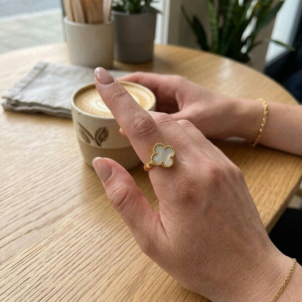 The Colourful Aura Gold Tone Four Leaf Clover Adjustable Ring, Black, White or Gold