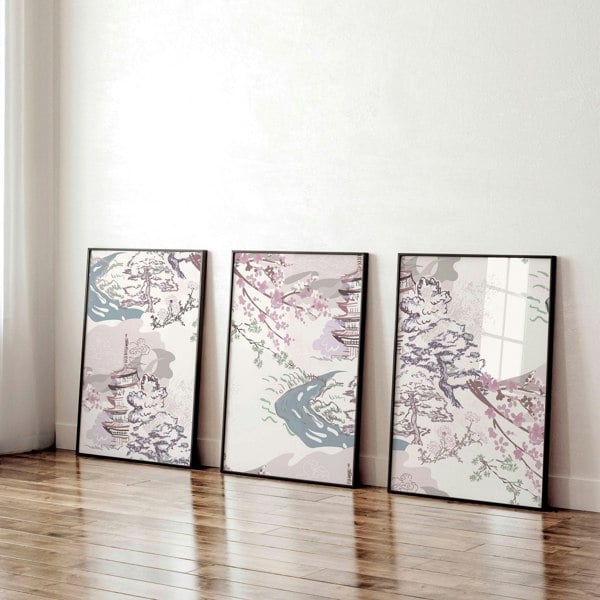 Chinoiserie wall art for home office decor | set of 3 framed wall art