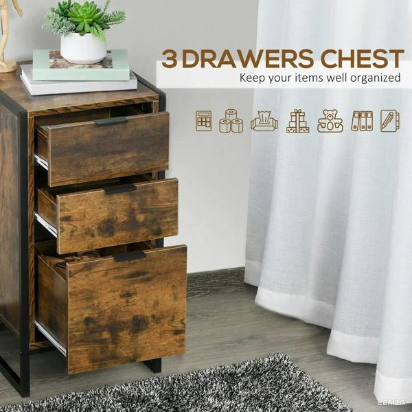 Industrial 3-drawer dresser with rustic brown drawers and black metal frame.