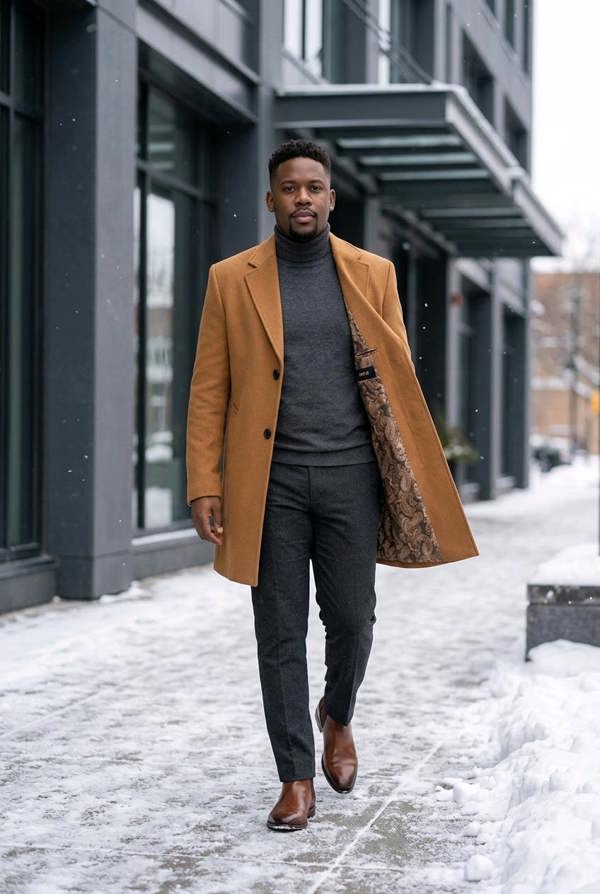 Pamoni Classic Camel Wool-Blend Overcoat with Single Back Vent