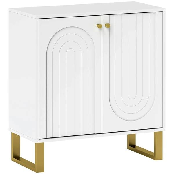 White 2-door sideboard cabinet with ribbed doors, gold legs, arched cutout handles