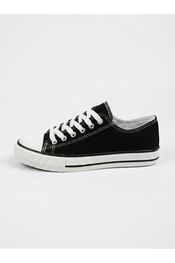 Pearl Canvas Lace Up Low Trainers - Black