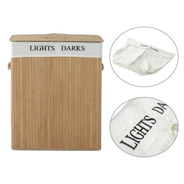 Natural wood laundry hamper with folded white two-section liner labeled “LIGHTS” and “DARKS”