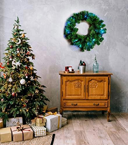 55cm Green Prelit Alaskan Pine Christmas Wreath with White LEDs and Fire Retardant PVC Tips image 4