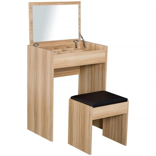 Wyld Haus Nolena Natural Wood Vanity Desk With Flip Mirror Cushioned Stool And Storage
