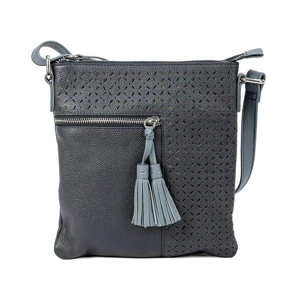 Pia Denim Blue Leather Cross-Body Bag, Laser-Cut Detail with Silver