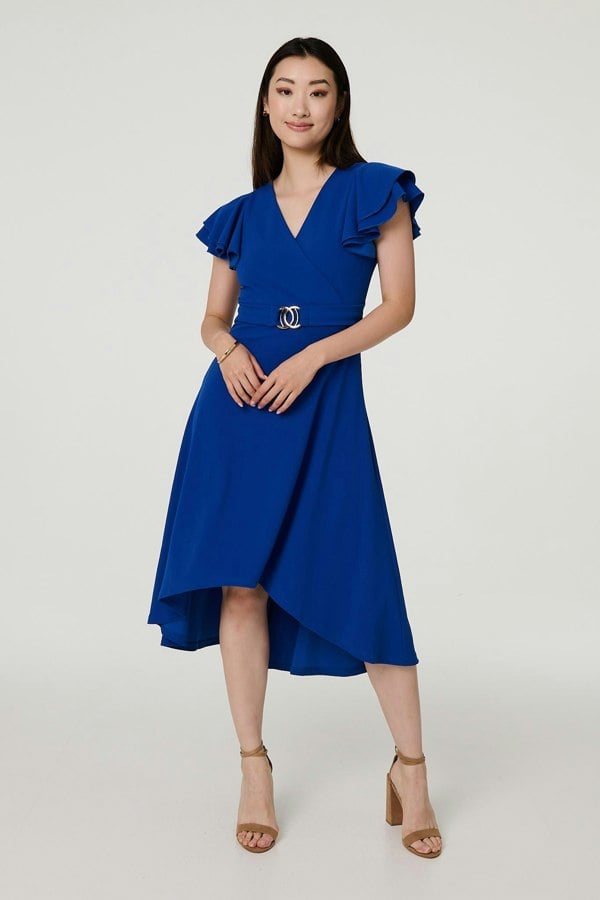 Blue | Belt Detail Frilled Sleeve Midi Dress
