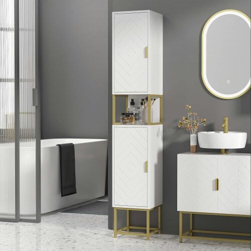 Wyld Haus Kacoel Tall Narrow Bathroom Storage Cabinet With Adjustable Shelves Double Doors And Steel Base White