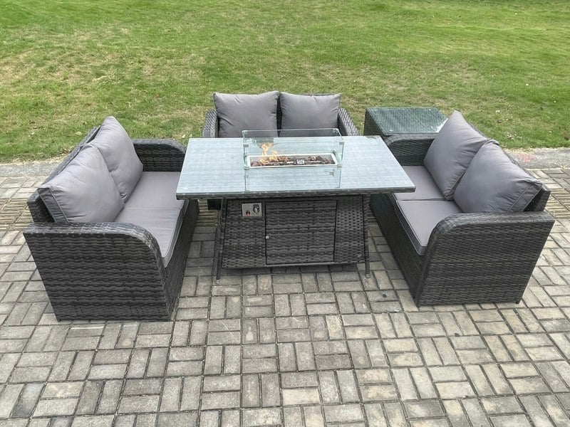 Fimous Rattan Outdoor Garden Furniture Sofa Set Gas Fire Pit Dining Table Gas Heater with Side Table Love Sofa Dark Grey Mixed