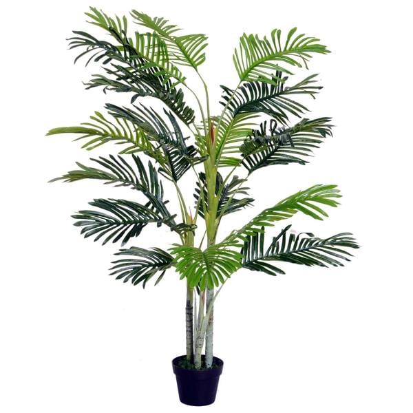 Artificial topiary tree with dark green fronds in a dark pot