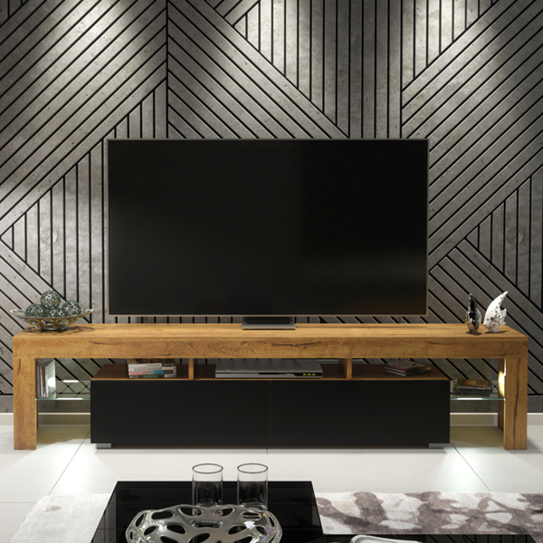 Mex Furniture Sleek 200 cm Modern TV Unit Cabinet Stand Oak Matt Black Doors with Free LED Lights