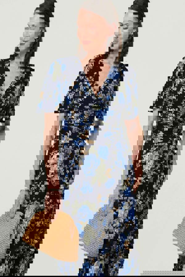 Navy | Floral Angel Sleeve Wrap Midi Dress