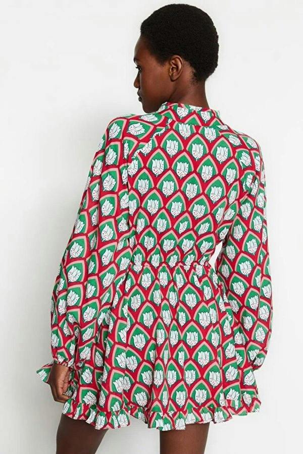 WOVCOR Geometric Print Long Balloon Sleeve V-Neck Mini Dress