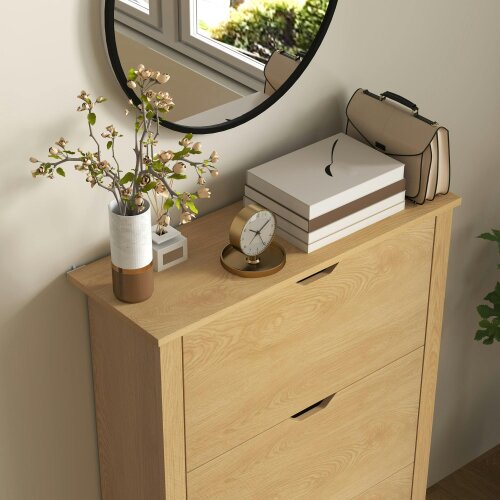 Wyld Haus Nesela Wooden Natural Wood Finish Slim Shoe Cabinet With 3 Flip Drawers For 18 Pairs