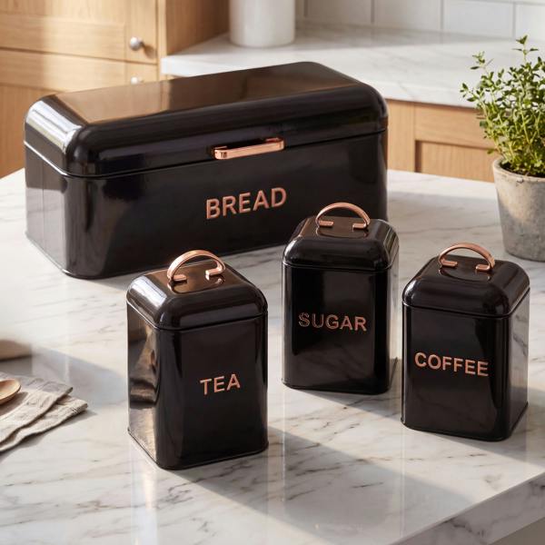 Maison des Cadeaux Black 4 Piece Bread Bin & Canister Storage Set