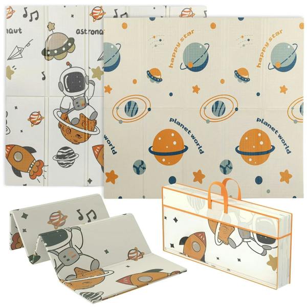 Foldable double-sided kids play mat with astronaut and planet prints, waterproof