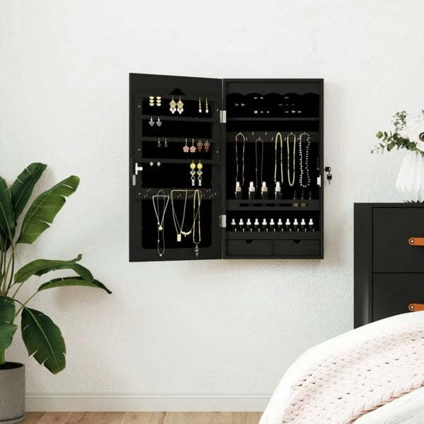 Berkfield Mirror Jewellery Cabinet Wall Mounted Black 37.5x10x67 cm