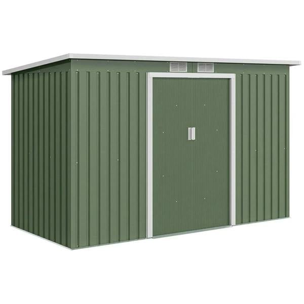 Light green metal garden shed with double doors and roof vents