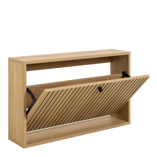 Wyld Haus Bjork Natural Oak Wood and Black Panelled Shoe Cabinet 1 Door