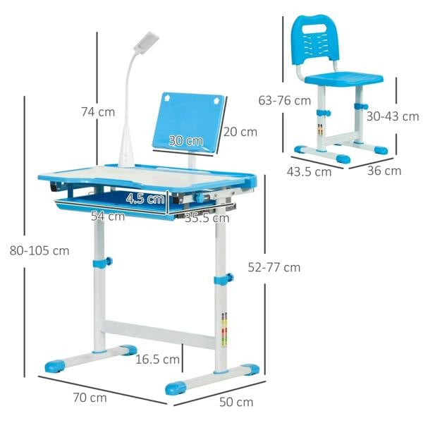 Kids blue study desk and chair set with measured dimensions and height adjustment