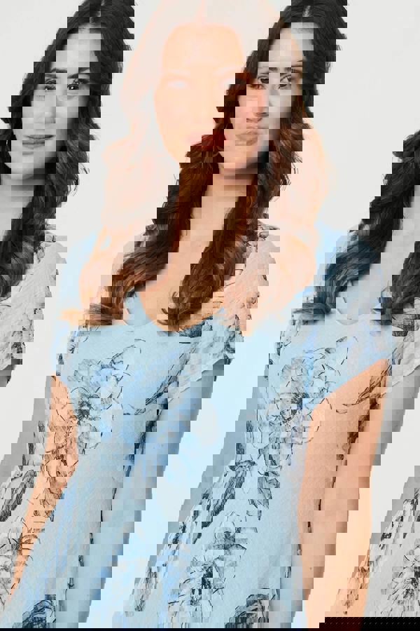 Blue | Floral Frilled Hem Knee Length Dress