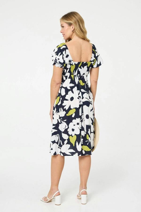 Navy | Floral Tie Front Puff Sleeve Midi Dress