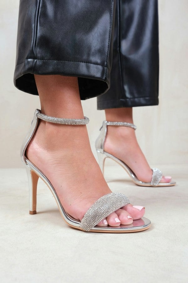 Where's That From Evelyn High Heel Sandals With Diamante Ankle Strap in Moon Silver Faux Leather