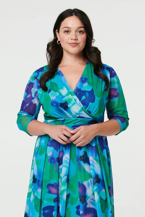 Blue | Curve Printed Pleated Wrap Midi Dress