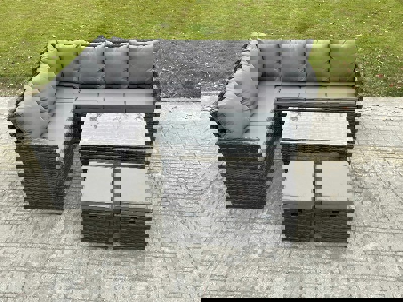 Fimous 8 Seater Outdoor Rattan Garden Furniture Set Corner Sofa Oblong Coffee Table Sets with Patio 2 Small Footstools Dark Grey Mixed