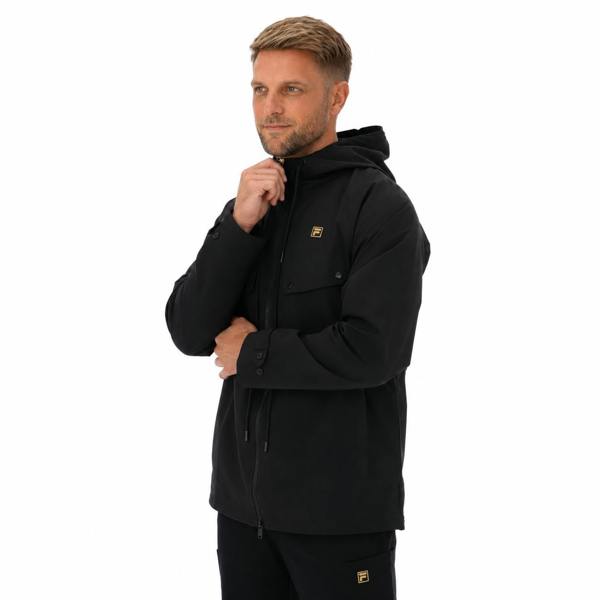 Man wearing a black Fila Gold Fabroni hooded parka with a full zip, drawstring hood, and gold logo detailing.