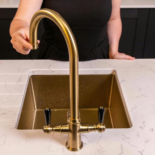 Flode korsa | Traditional Cruciform Style 3 in 1 Instant Boiling Tap | Black Ceramic Levers | Brushed Brass Finish