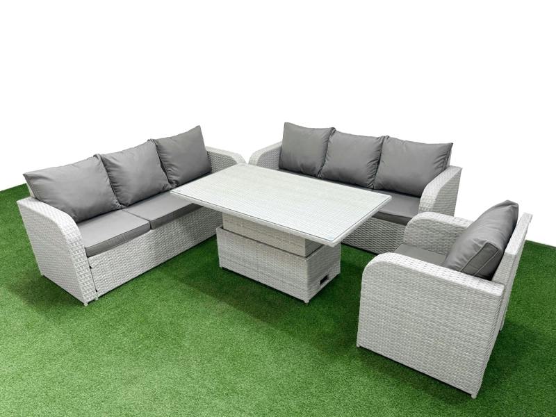 Fimous 7 Seater Poly Rattan Garden Furniture Patio Set, Adj Height Table, 3 Seater Sofa, Reclining Chair, 3 Seater Sofa, Light Grey