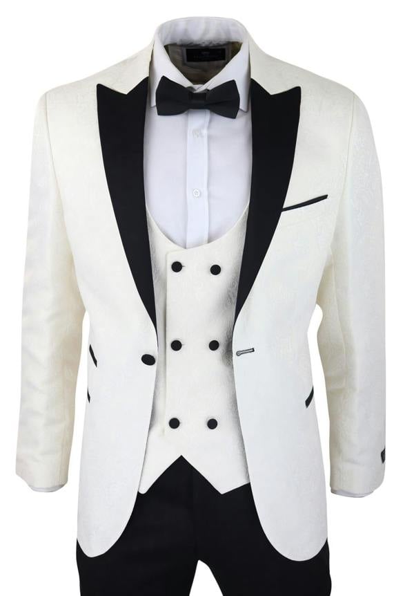 TruClothing Mens Beige Tuxedo Blazer Waistcoat Brocade Ivory Satin Paisley Dinner Jacket