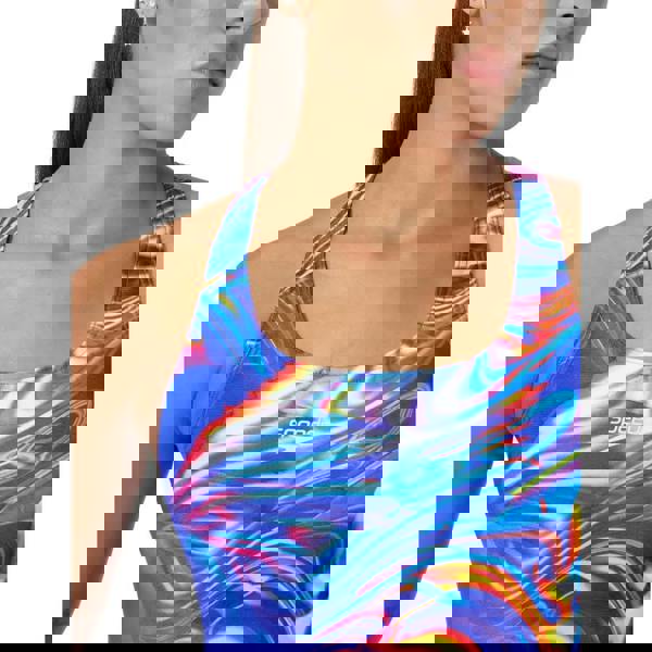 Speedo blue and white placement digital powerback swimsuit with flames