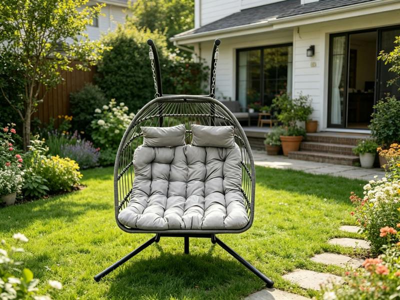 Fimous Rattan Garden Double Hanging Egg Chair Indoor Outdoor Patio Furniture with Grey Cushion