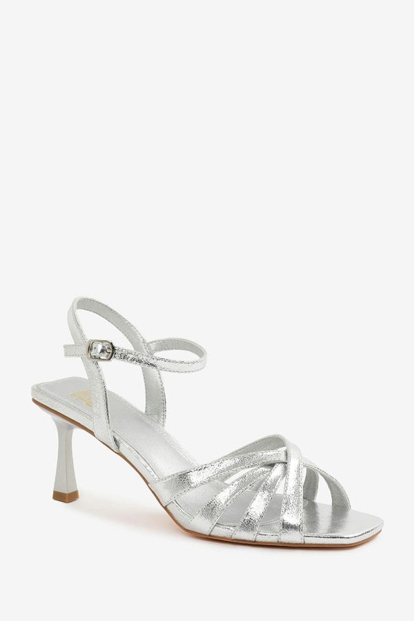 Where's That From Torigh Wide Fit Cross Over Multi Strap Adjustable Buckle Heel in Silver Crinkle Pu