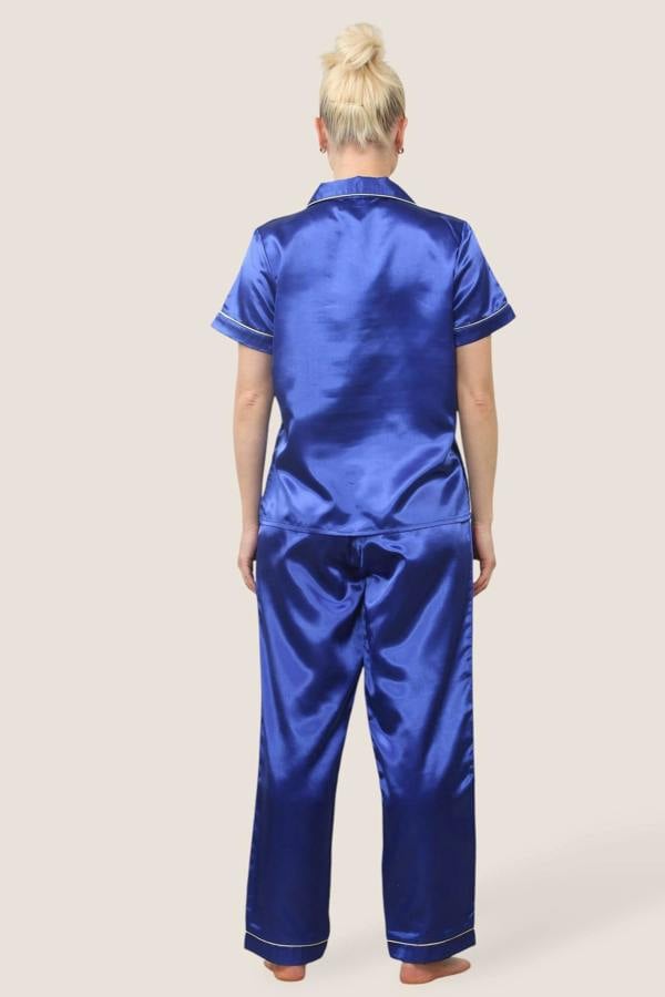 Luxe Satin Short Sleeve PJ Set – ROYAL BLUE - Elaina Fashion