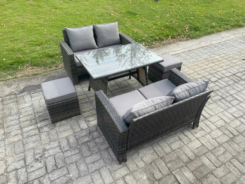 Fimous 6-Seater Dark Grey Rattan Outdoor Dining Set | Rectangular Table, Double Sofa, 2 Footstools