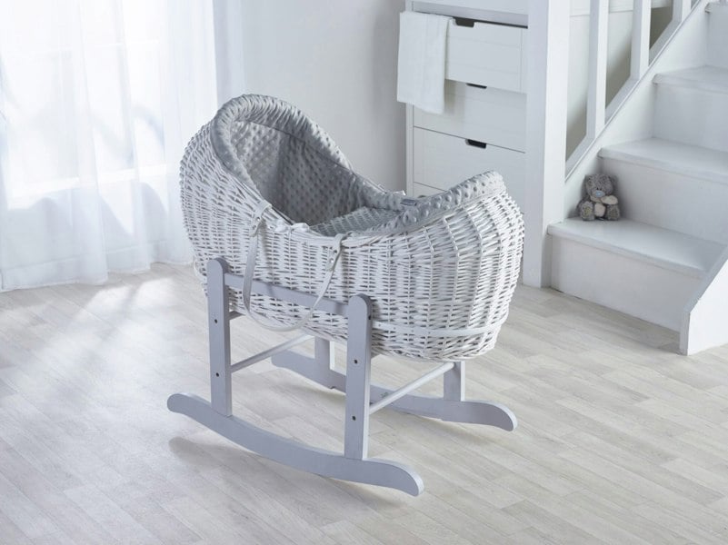 Kinder Valley Grey Dimple White Wicker Pod Moses Basket with Rocking Stand Deluxe Grey